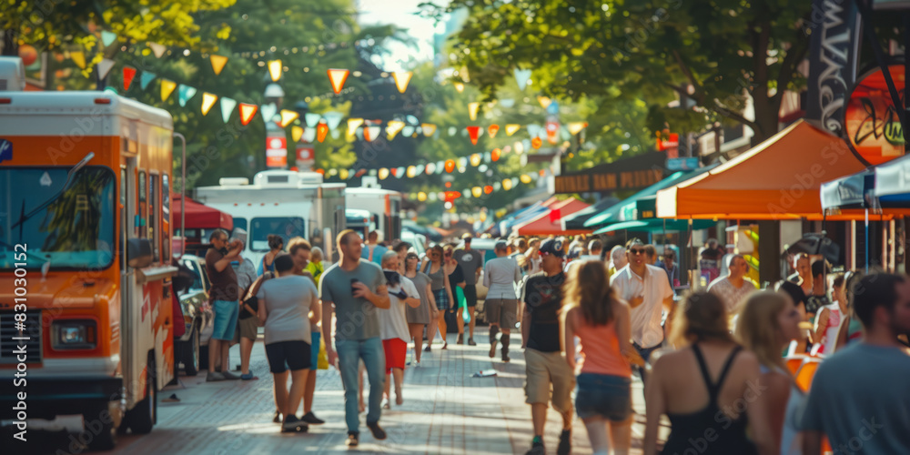 a vibrant street festival with live music, food trucks, and happy attendees