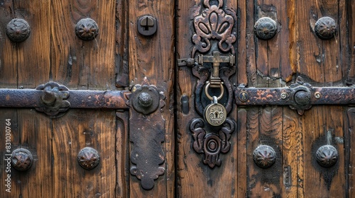 A detailed shot of a wooden door with ornate metalwork, a sturdy lock, and a key hanging from a nail, representing reliable protection