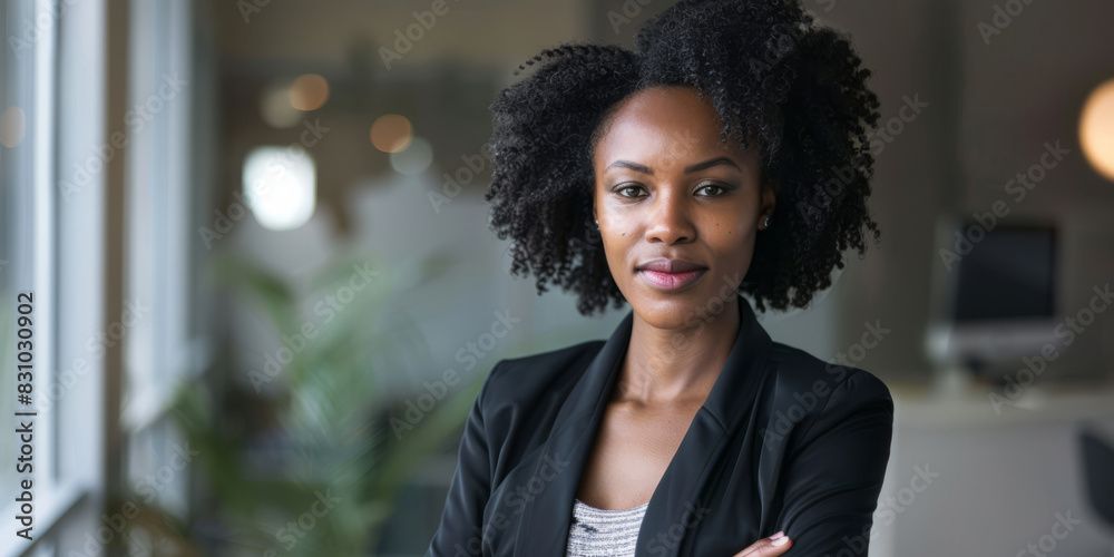 an African American businesswoman posing confidently for a portrait, radiating happiness and alignment with her firm's vision of excellence and success. an African American businesswoman posing confidently for a portrait, radiating happiness and alignment with her firm's vision of excellence and success.