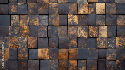 A wall made of brown and black tiles. The wall is made of square tiles and has a rustic look