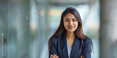 an Indian businesswoman posing confidently and happily for a portrait, her demeanor reflecting the firm's corporate vision of excellence and success.