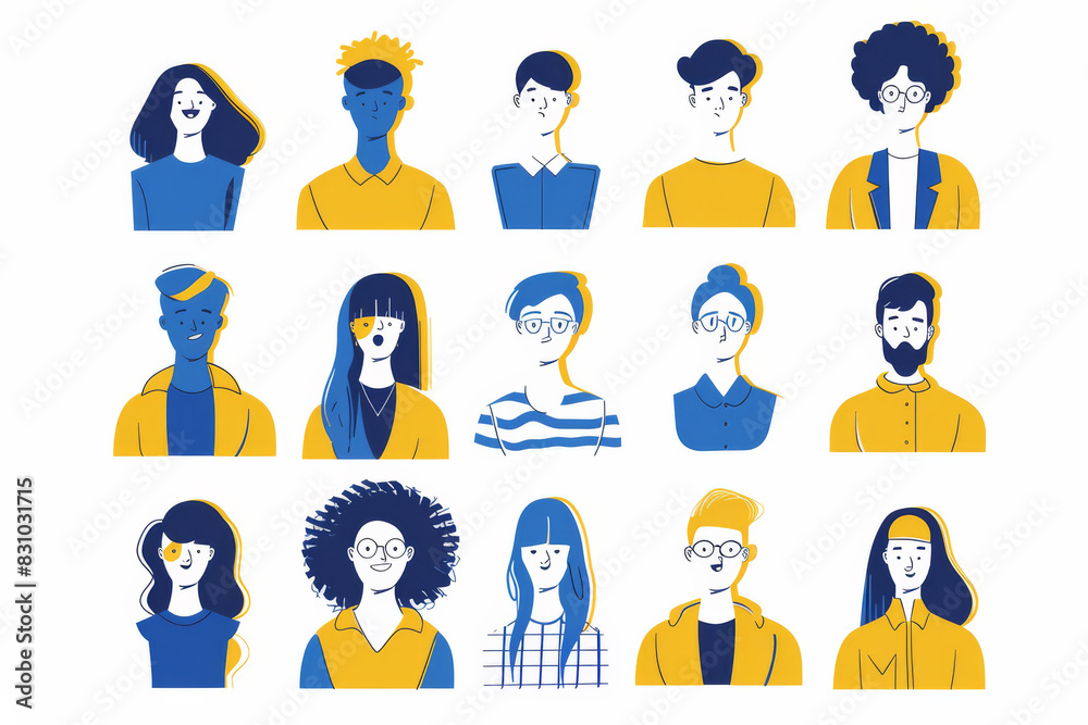 Group of drawn people with different emotions in blue and yellow colors Group of drawn people with different emotions in blue and yellow colors