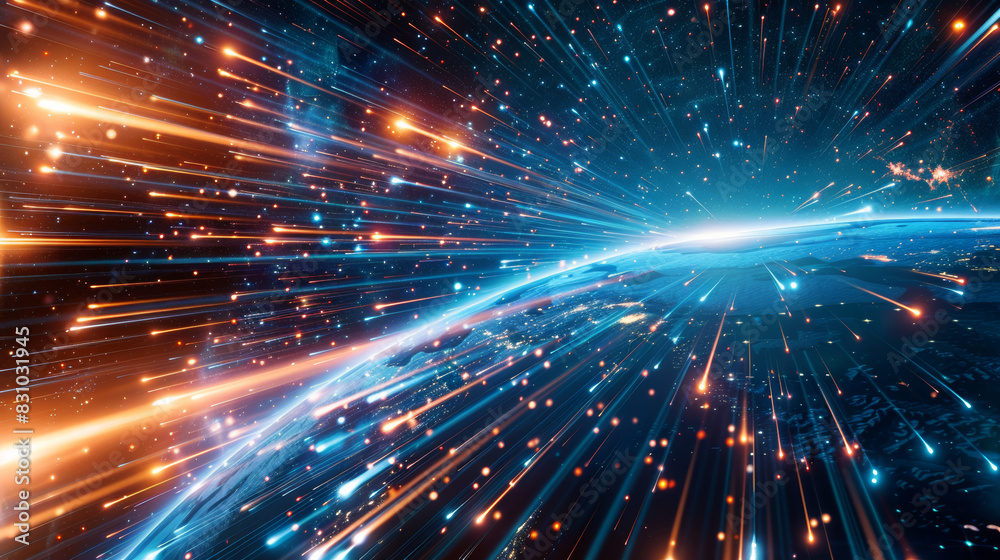 Burst of vibrant particles and beams over a dark cosmic background, creating a dynamic, colorful, and energetic space-themed visual.