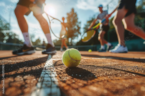 friends enjoying a game of tennis on a sunny court, with rackets, balls, and active movement, promoting sports and social interaction. photo