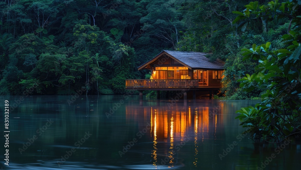 a image of a small wooden house sitting on top of a lake a image of a small wooden house sitting on top of a lake