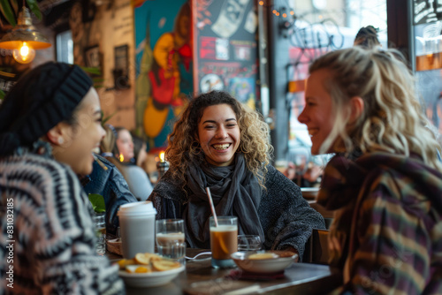 friends having a casual brunch at a trendy caf    with delicious food  drinks  and cheerful conversations  capturing social gatherings and culinary enjoyment.