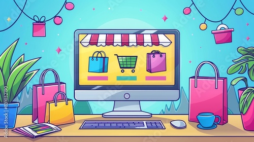 Cyber Monday cartoon vector illustration with a computer screen showing a shopping website and discount offers cartoon Vector Illustration Generative AI