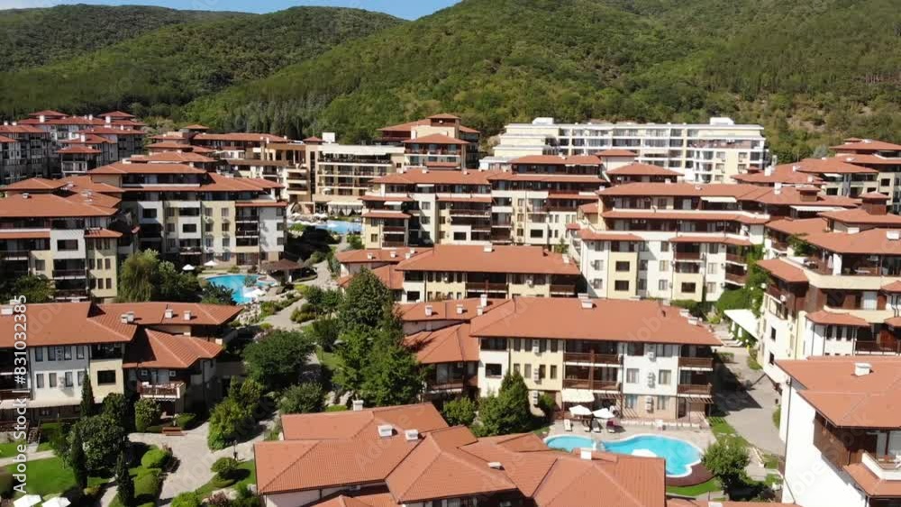 Aerial drone view of houses with red tiles and hotels, sea and beaches of Sveti Vlas in Bulgaria from above, top view from drone. Summer holiday in Europe. Black sea
Aerial drone view of houses with red tiles and hotels, sea and beaches of Sveti Vlas in Bulgaria from above, top view from drone. Summer holiday in Europe. Black sea