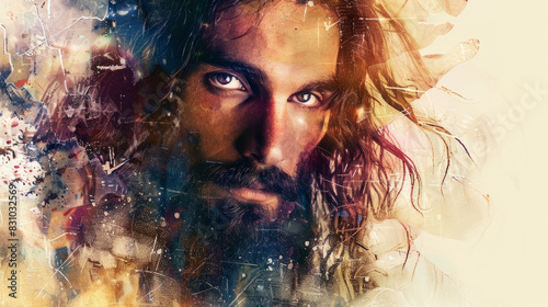 Jesus Christ presented with a beard and mustache on an abstract background, leaving plenty of space for additional content