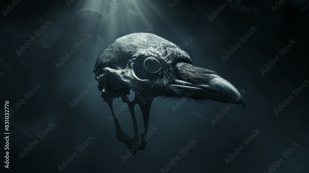 Fototapeta premium Dark, mysterious crow skull floating in a moody, foggy atmosphere with soft light beams highlighting its intricate details.