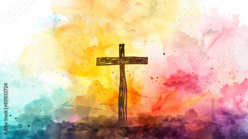Jesus's Cross against a backdrop of colorful watercolors. Illustration