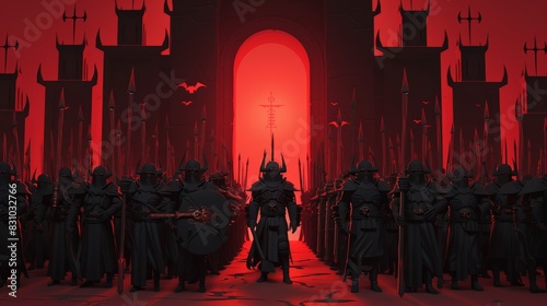Dark army in black armor stands in formation under a large red archway. The sinister scene exudes an aura of power and intimidation.
