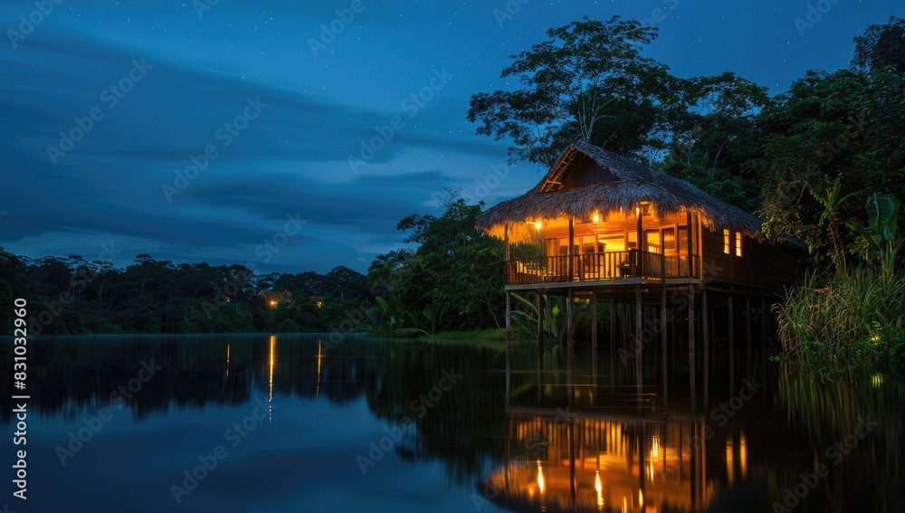 Fototapeta premium Cozy Cabin by the Riverside at Night