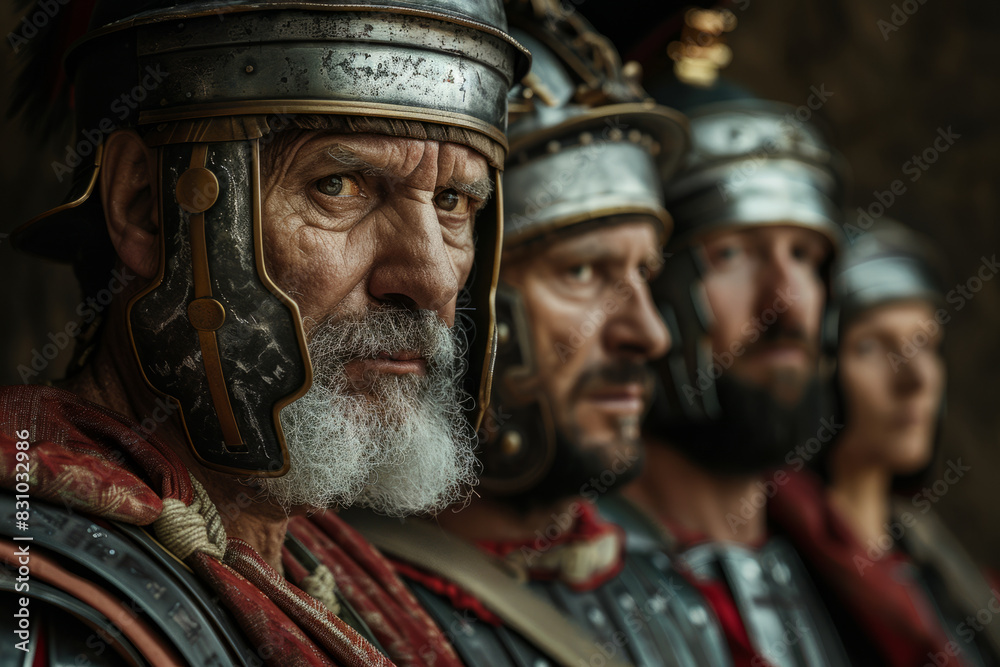 Photorealistic portrait of Roman soldiers in armor. Biblical character. Historical character.