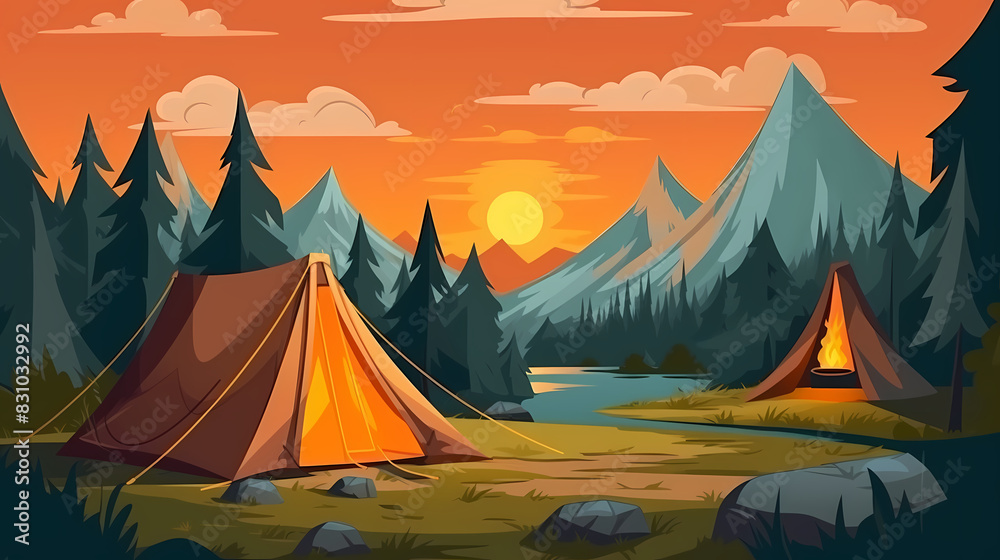 Vector camping tent in the forest.Summer camp with bonfire, tent, backpack . cartoon landscape with mountain, forest and campsite. Vector camping tent in the forest.Summer camp with bonfire, tent, backpack . cartoon landscape with mountain, forest and campsite.