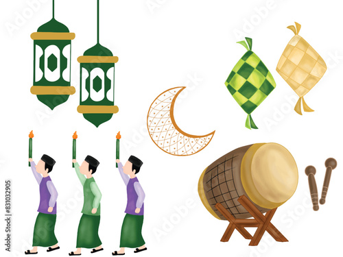 icons for the month of Ramadan, ketupat, drum