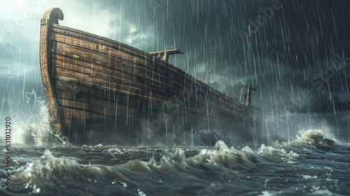 Noah s Ark surrounded by torrential rain during the flood.