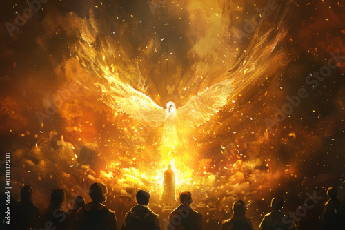 Pentecost. The Holy Spirit descends on the followers. People standing before a bright fire with a white dove in the sky. Digital painting. photo