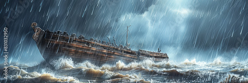 Noah's Ark navigating through the pouring rain amidst the floodwaters photo