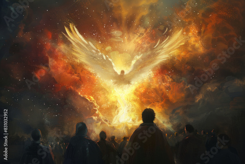Pentecost. The Holy Spirit descends on the followers. People standing before a bright fire with a white dove in the sky. Digital painting. photo