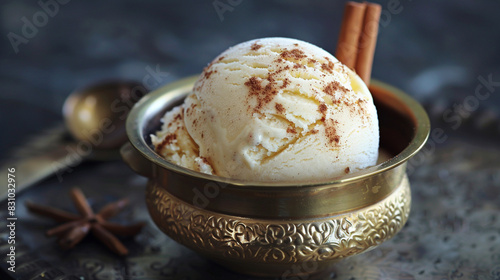 A scoop of velvety chai spiced ice cream served in a traditional Indian brass bowl.