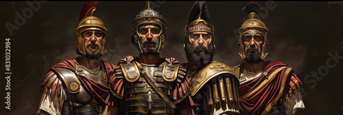 Photorealistic depiction of Roman soldiers adorned in armor. Biblical figure. Historical figure.