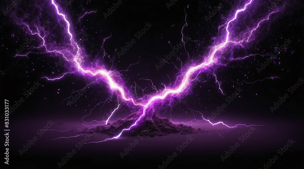 abstract impact of purple glowing light particles with lightning sparks on plain black background abstract impact of purple glowing light particles with lightning sparks on plain black background