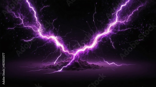 abstract impact of purple glowing light particles with lightning sparks on plain black background