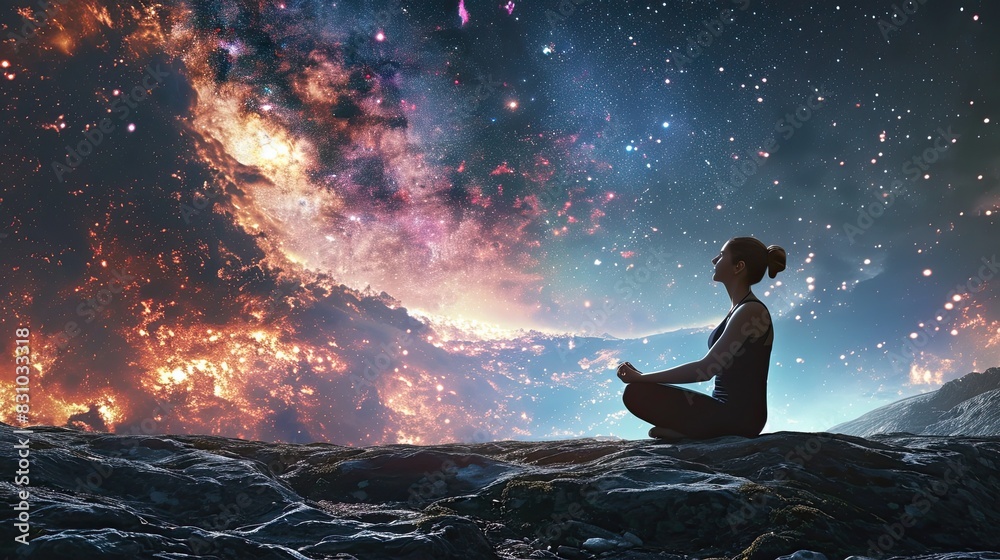 Obraz premium young man or woman meditating absorbed in their practice reflecting a state of deep meditation and mindfulness, celestial bodies, galaxies, and a mesmerizing night sky in background