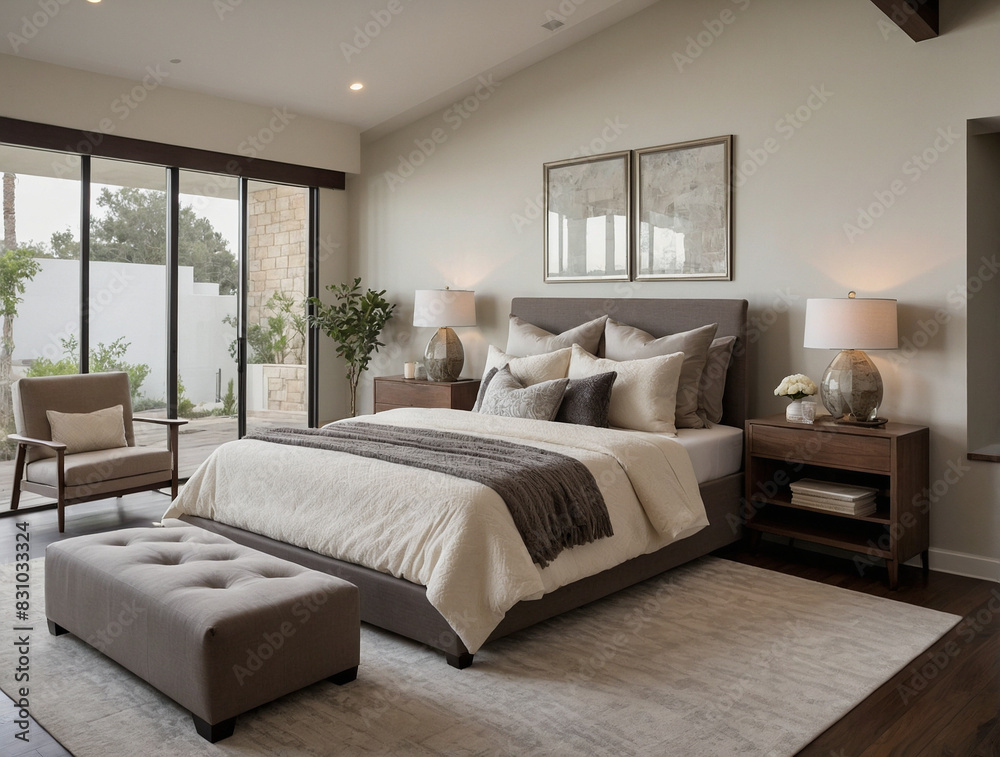 Fototapeta premium Top View of Stylish Cozy Bedroom with Modern Decor