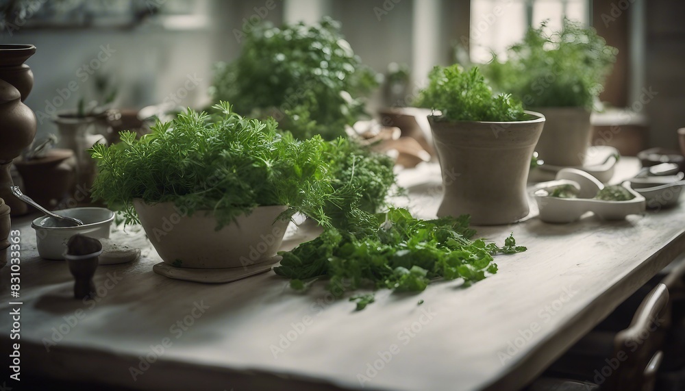A white dining table holds two pots of fresh herbs: one with mint leaves, the other with parsley, plus scattered sprigs of both plants across the surface. A white dining table holds two pots of fresh herbs: one with mint leaves, the other with parsley, plus scattered sprigs of both plants across the surface.