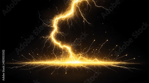 abstract impact of yellow glowing light particles with lightning sparks on plain black background