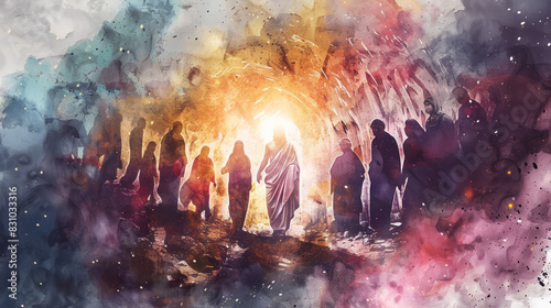 The Resurrection of Jesus, depicted in a digital watercolor painting where he appears to his followers. Life of Jesus. photo