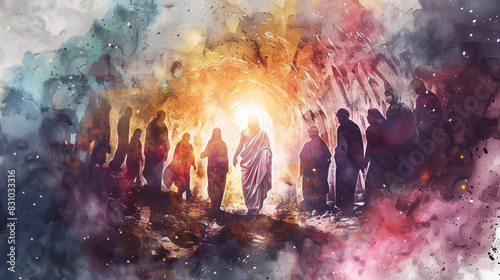 The Resurrection of Jesus, depicted in a digital watercolor painting where he appears to his followers. Life of Jesus.