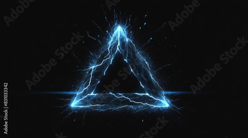 abstract triangle of blue glowing light particles with lightning sparks on plain black background