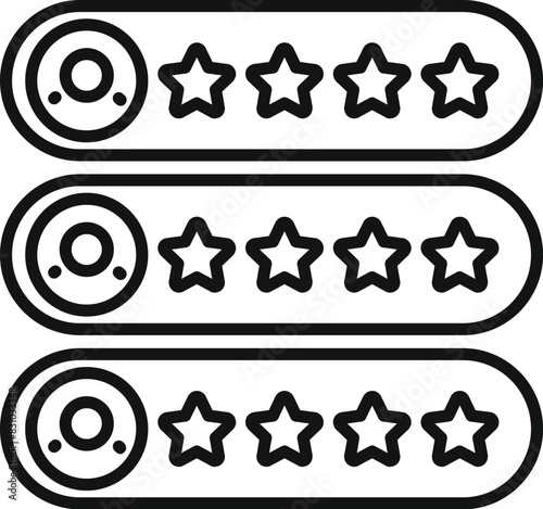 Black and white vector illustration of customer feedback rating icons with stars and smiley faces