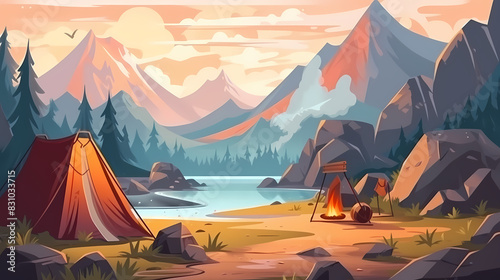 Vector camping tent in the forest.Summer camp with bonfire  tent  backpack . cartoon landscape with mountain  forest and campsite.