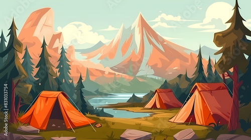 Vector camping tent in the forest.Summer camp with bonfire  tent  backpack . cartoon landscape with mountain  forest and campsite.