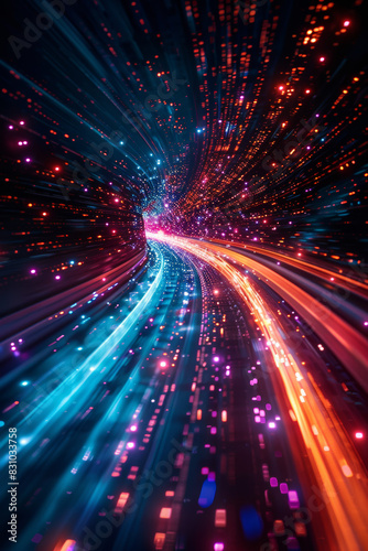 Dynamic light streaks in vibrant blue and orange hues create a sense of motion and energy. Perfect for tech, sci-fi, and abstract themed projects.