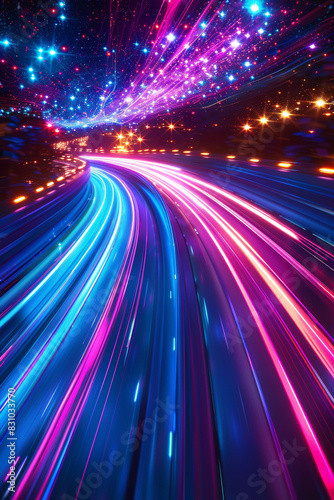 Dynamic long exposure of neon lights on a night road creating a futuristic and energetic atmosphere with vibrant colors and captivating motion blur.