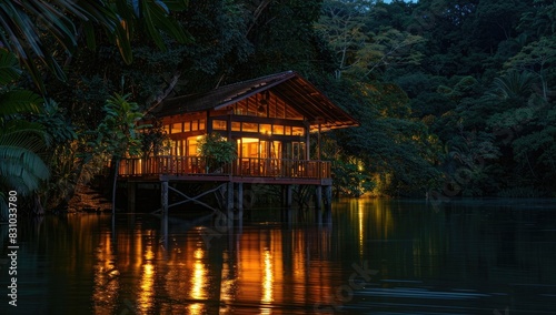 a image of a house on stilts in the middle of a lake