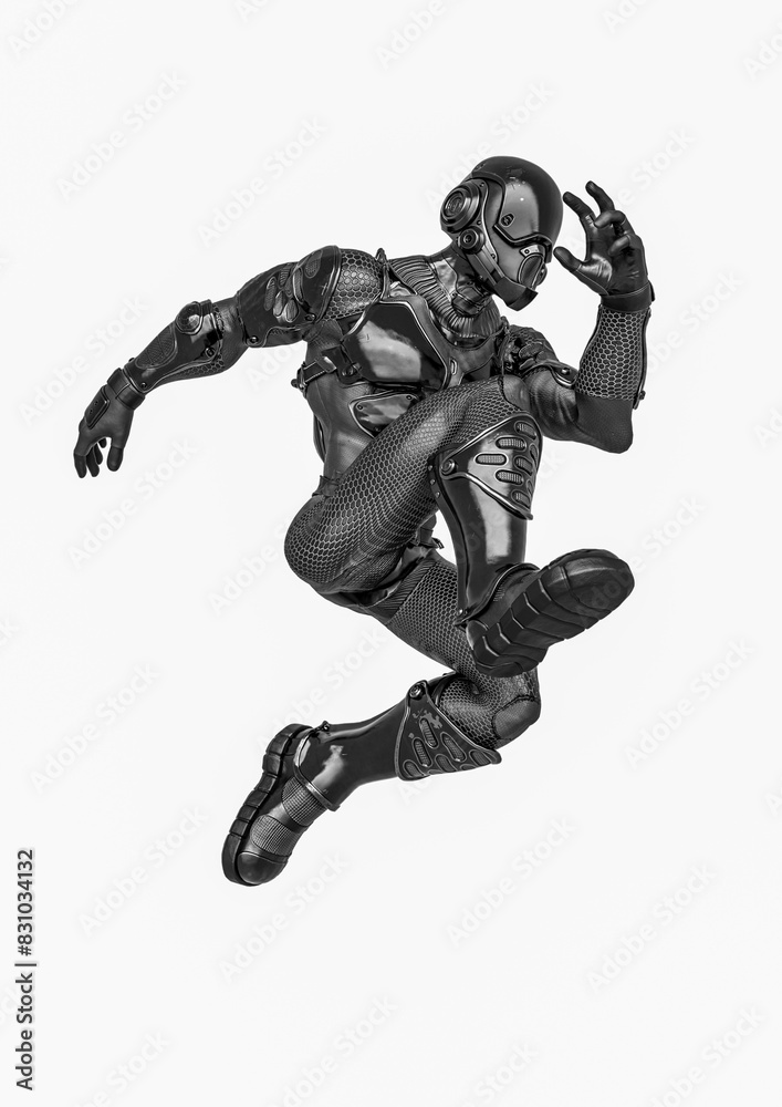futuristic astronaut is jumping in action on white background futuristic astronaut is jumping in action on white background