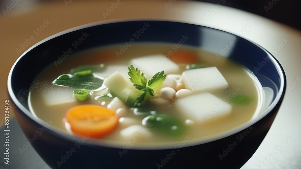 A comforting bowl of miso soup with tofu, green onions, carrots, and herbs, served in a dark blue bowl A comforting bowl of miso soup with tofu, green onions, carrots, and herbs, served in a dark blue bowl