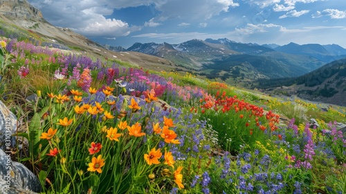 A panoramic view of vibrant flowers blooming in the mountains