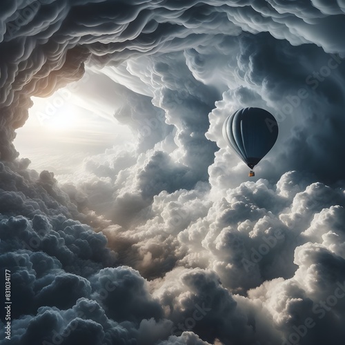 Hot air balloon flying through a stormy cloud