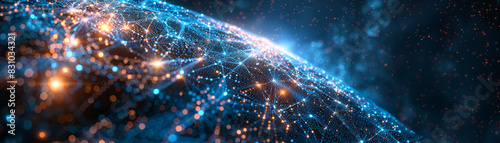Digital network visualization showing glowing connection points across a globe, representing global communication and technology advancements.