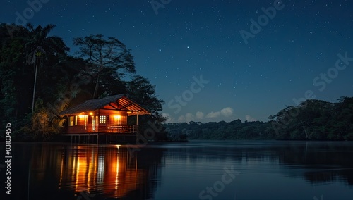 Riverside Cabin Under Starry Sky © jambulart