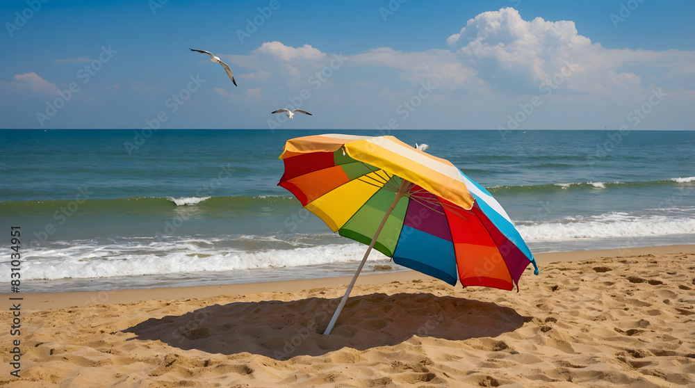 a colorful beach umbrella is open to the right of the picture a colorful beach umbrella is open to the right of the picture