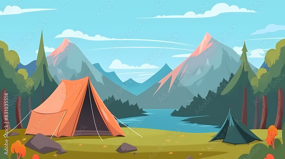 Vector camping tent in the forest.Summer camp with bonfire, tent, backpack . cartoon landscape with mountain, forest and campsite. Vector camping tent in the forest.Summer camp with bonfire, tent, backpack . cartoon landscape with mountain, forest and campsite.