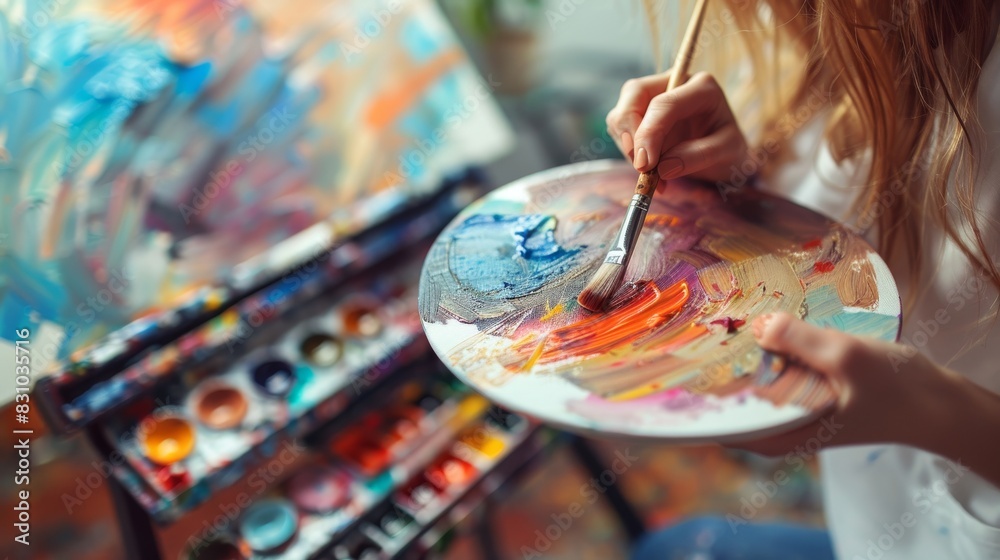 Obraz premium Talented Female Artist Painting Vibrant Abstract Art in Bright Studio. Generative ai